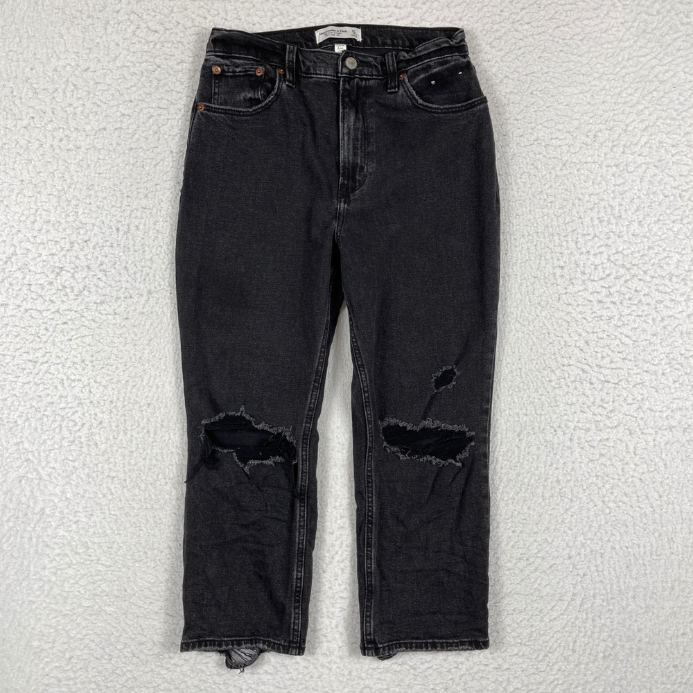 Abercrombie & Fitch Ankle Straight Jeans Womens 27/4XS Black Distress Curve Love